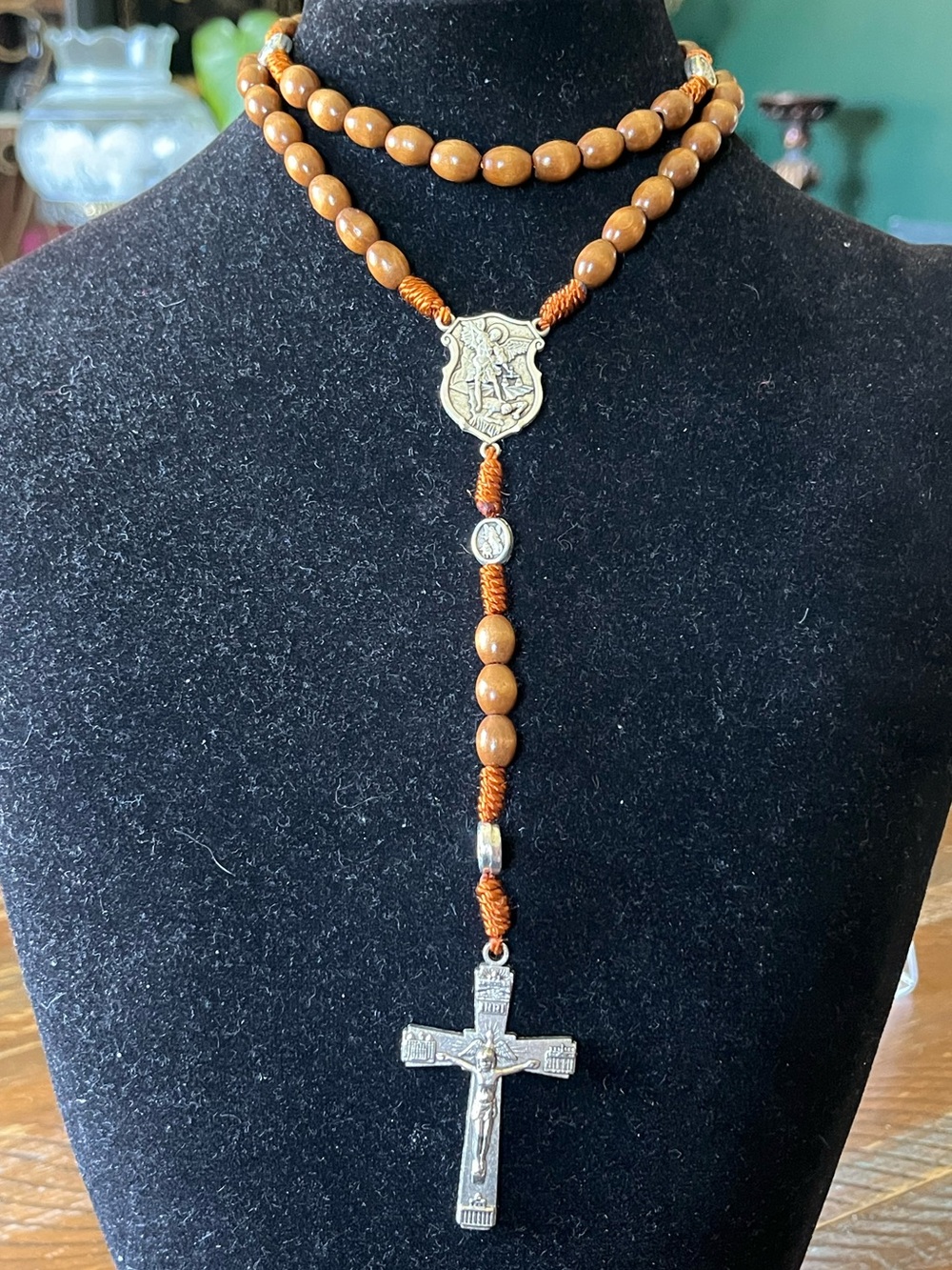 Vintage Saint Michael Rosary Necklace Wood Beads Silver Crucifix